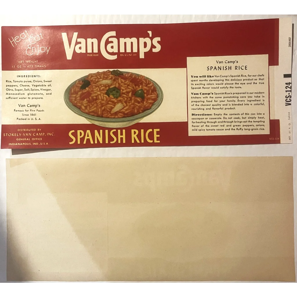 Vintage 1950s Van Camp’s Spanish Rice Label Indianapolis IN Advertisements Experience the Authenticity of from in IN!