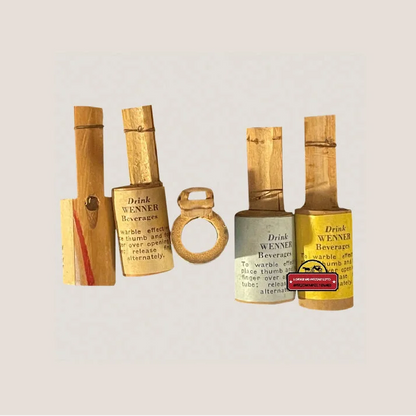 Vintage 1950s Wenner Beverages Warbler Bottle Whistle promo with vintage novelty noisemakers