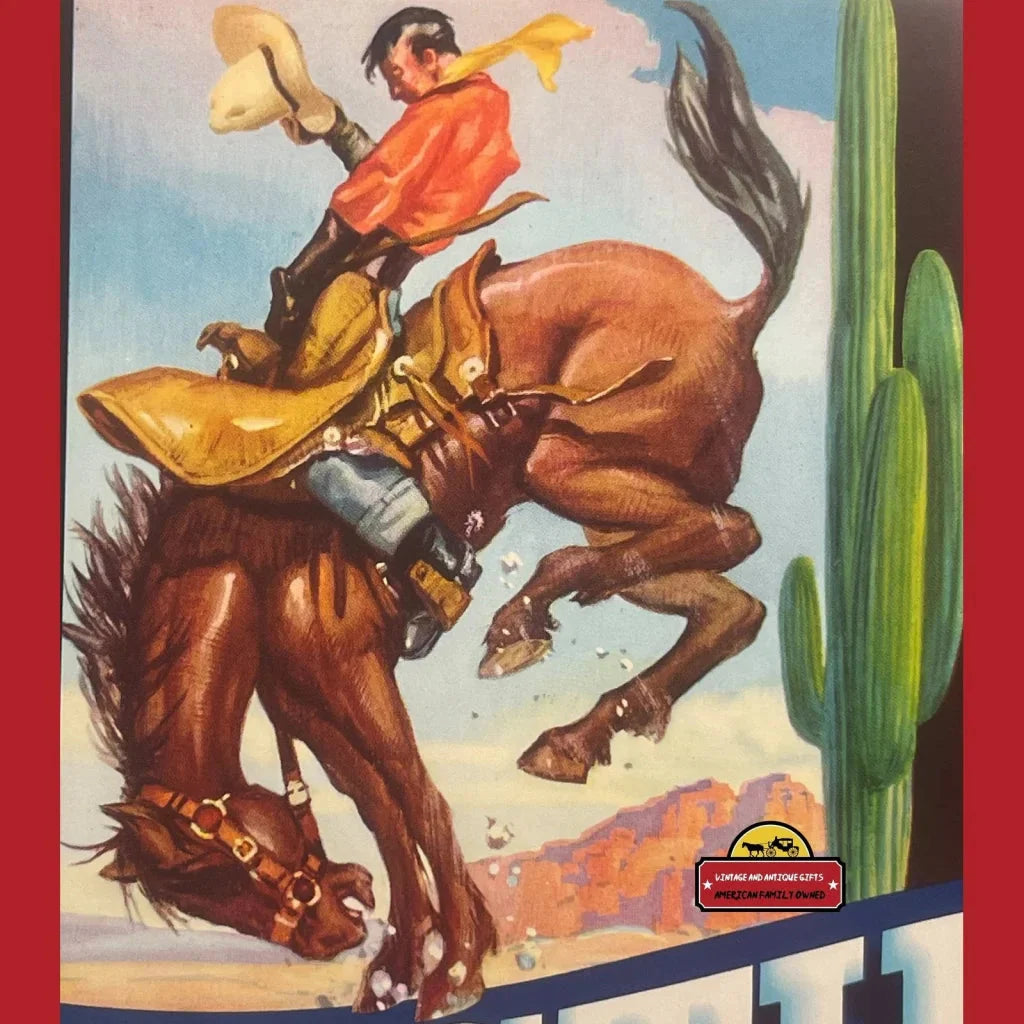 Cowboy riding a bucking bronco in a vintage Westie crate label rodeo scene