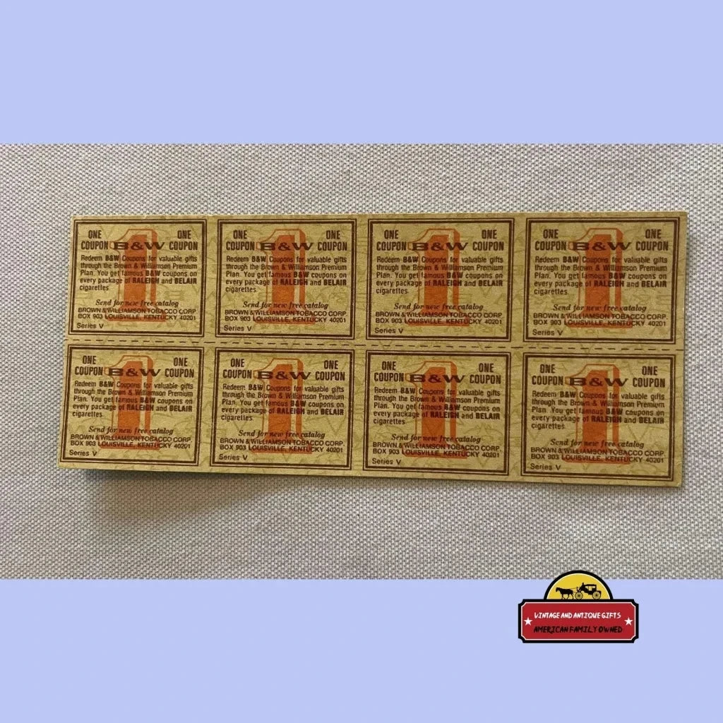 Vintage Uncut Sheet Raleigh b & w Tobacco Coupons Brown And Williamson 1960s - 1970s - Advertisements - Antique