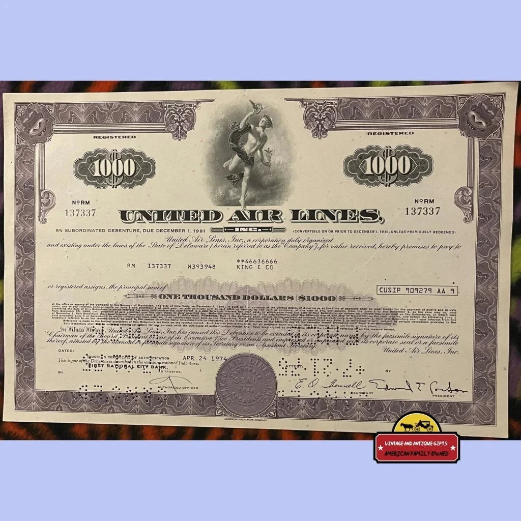 Vintage 1960s - 1970s United Air Lines Stock Certificate 1000 Shares Chicago Il Boise ID Advertisements Antique