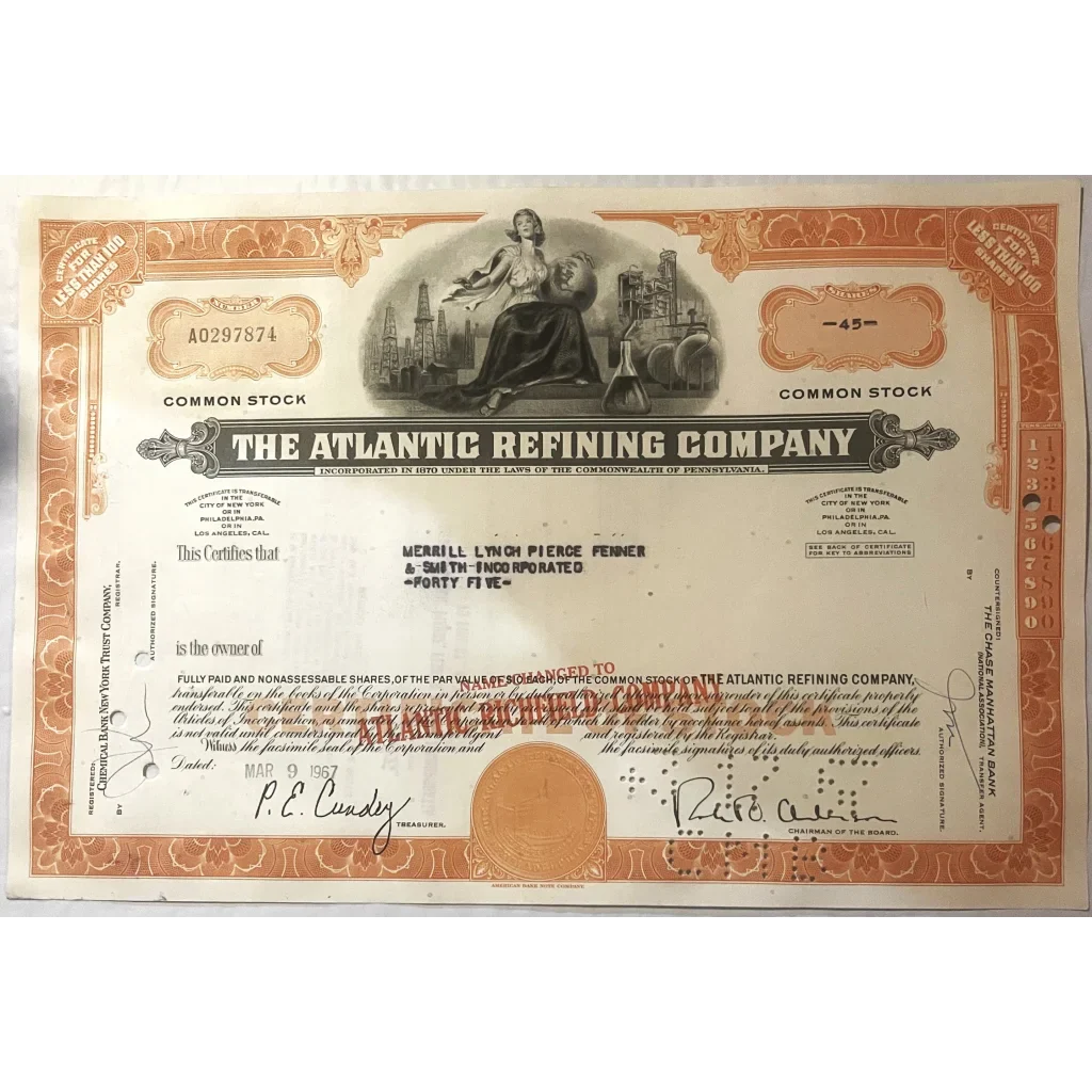 Vintage 1960s The Atlantic Refining Company Stock Certificate! Oil Americana! Collectibles Own a Piece of History