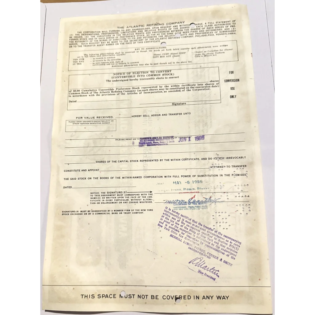 Vintage Atlantic Refining Company stock certificate with printed text and stamps