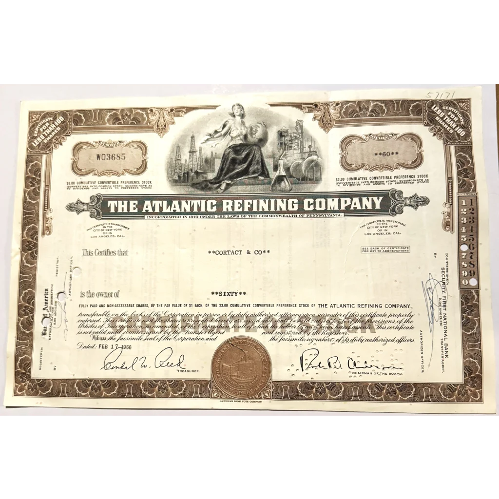 Rare 1960s Atlantic Refining Company stock certificate on display