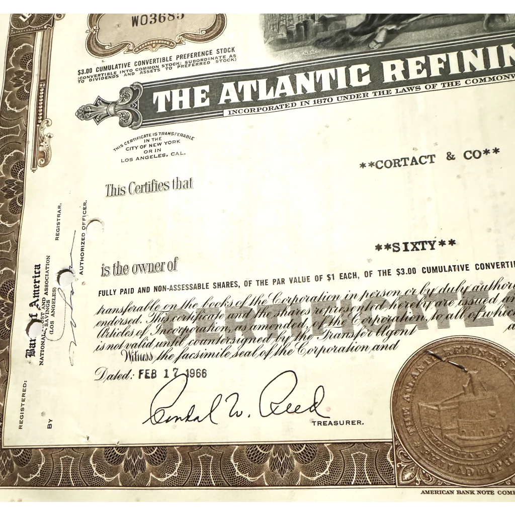 Rare Atlantic Refining Company stock certificate from February 12, 1968, displayed