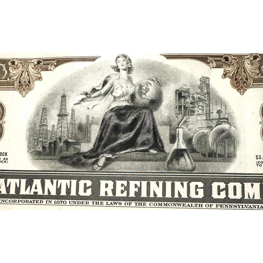 Vintage Atlantic Refining Company stock certificate with industrial imagery and allegorical figure