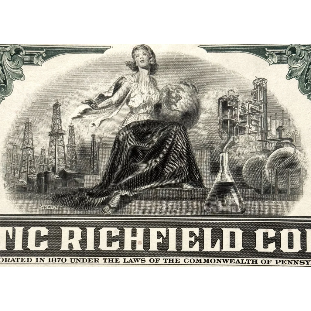 Allegorical figure on a vintage Atlantic Richfield stock certificate with industrial backdrop