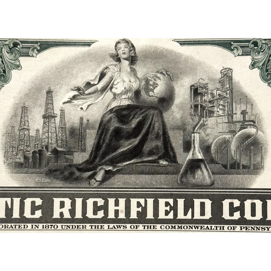 Allegorical figure on a vintage Atlantic Richfield stock certificate with industrial backdrop