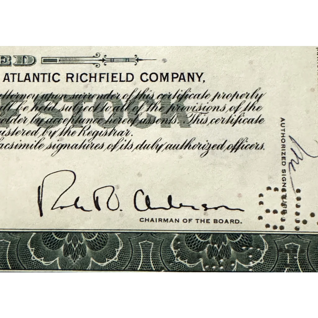 Portion of a Atlantic Richfield stock certificate showcasing a signature from the 1960s