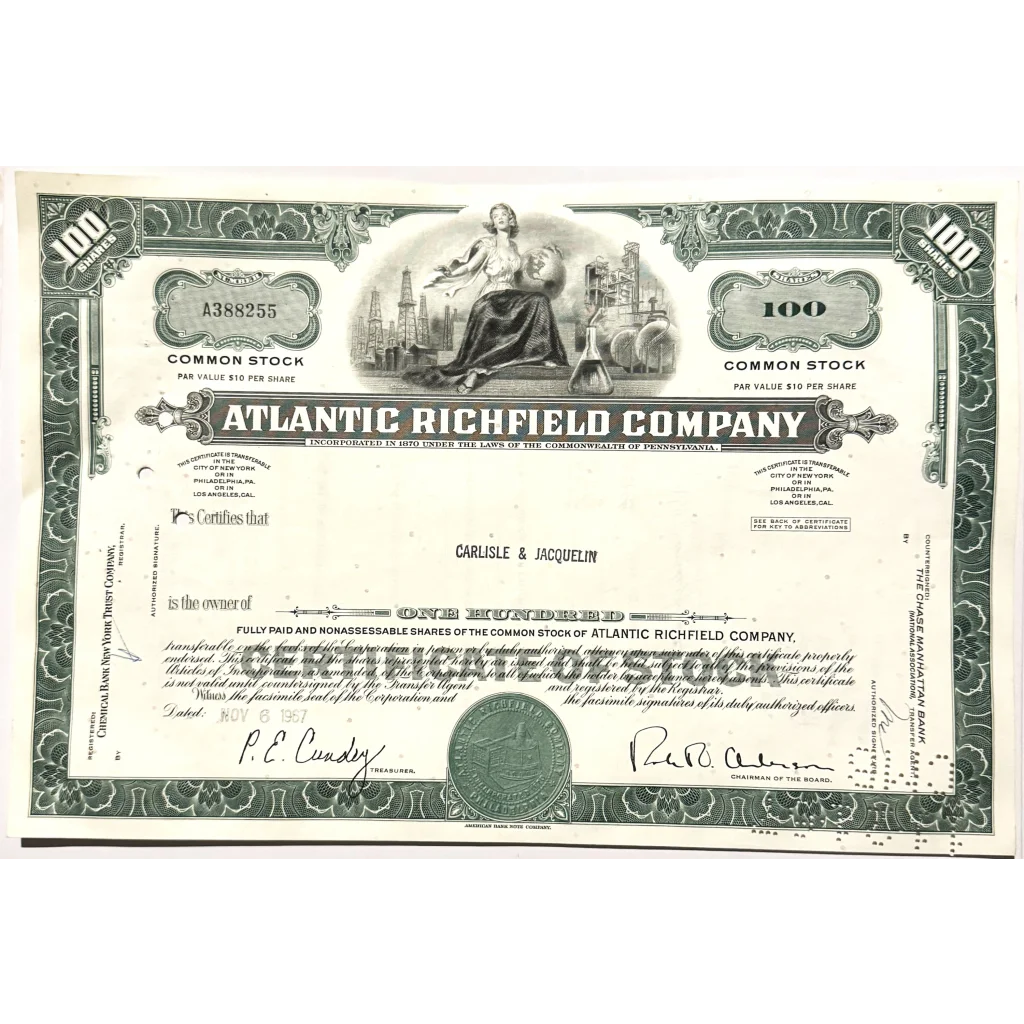 Vintage 1960s Atlantic Richfield Stock Certificate showcasing 100 shares of Richfield stock