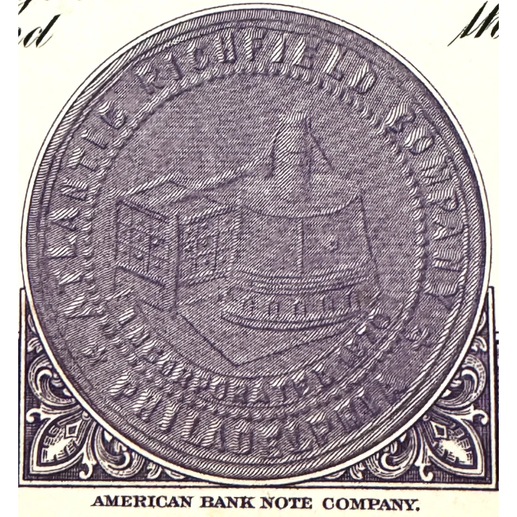 Circular seal featuring a domed building, from the Atlantic Richfield stock certificate