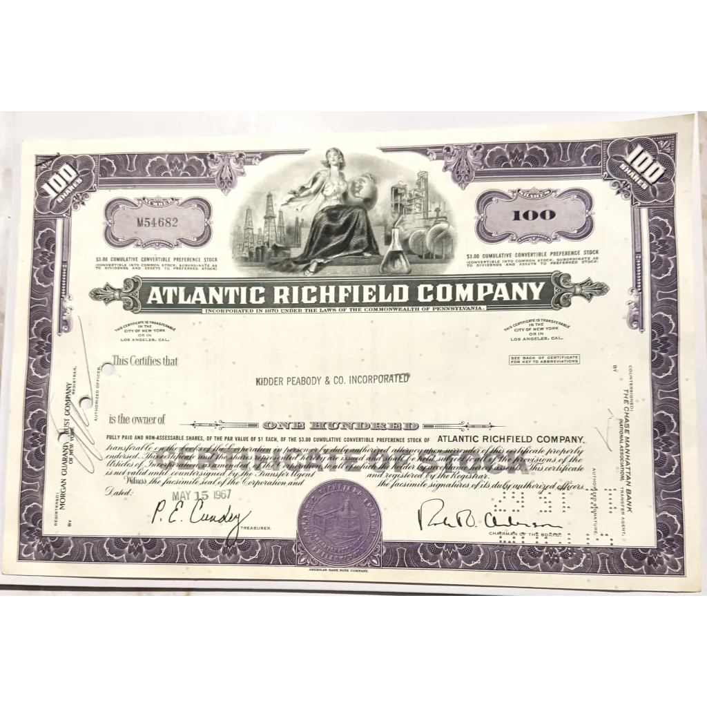 Rare Vintage 1960s Atlantic Richfield Stock Certificate, a unique Richfield stock find