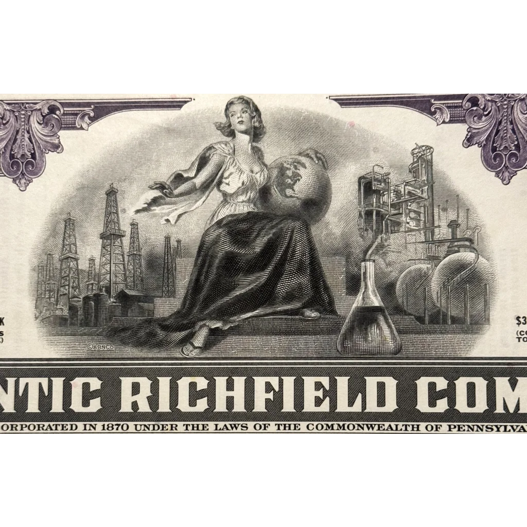 Vintage Atlantic Richfield stock certificate vignette with allegorical female figure and oil imagery