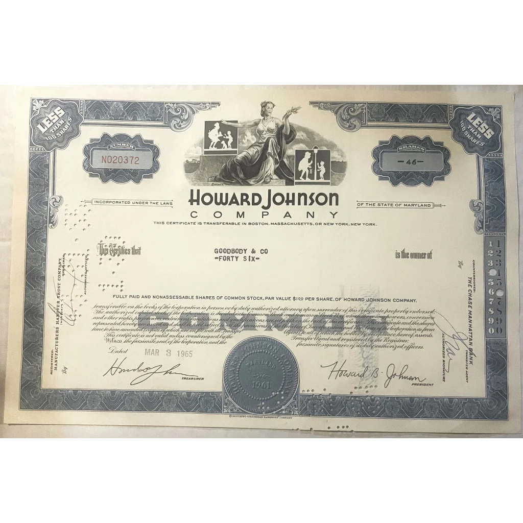 Vintage 1960s Howard Johnson HoJo Stock Certificate Blue American Icon RIP 2021 Collectibles Antique and Bond
