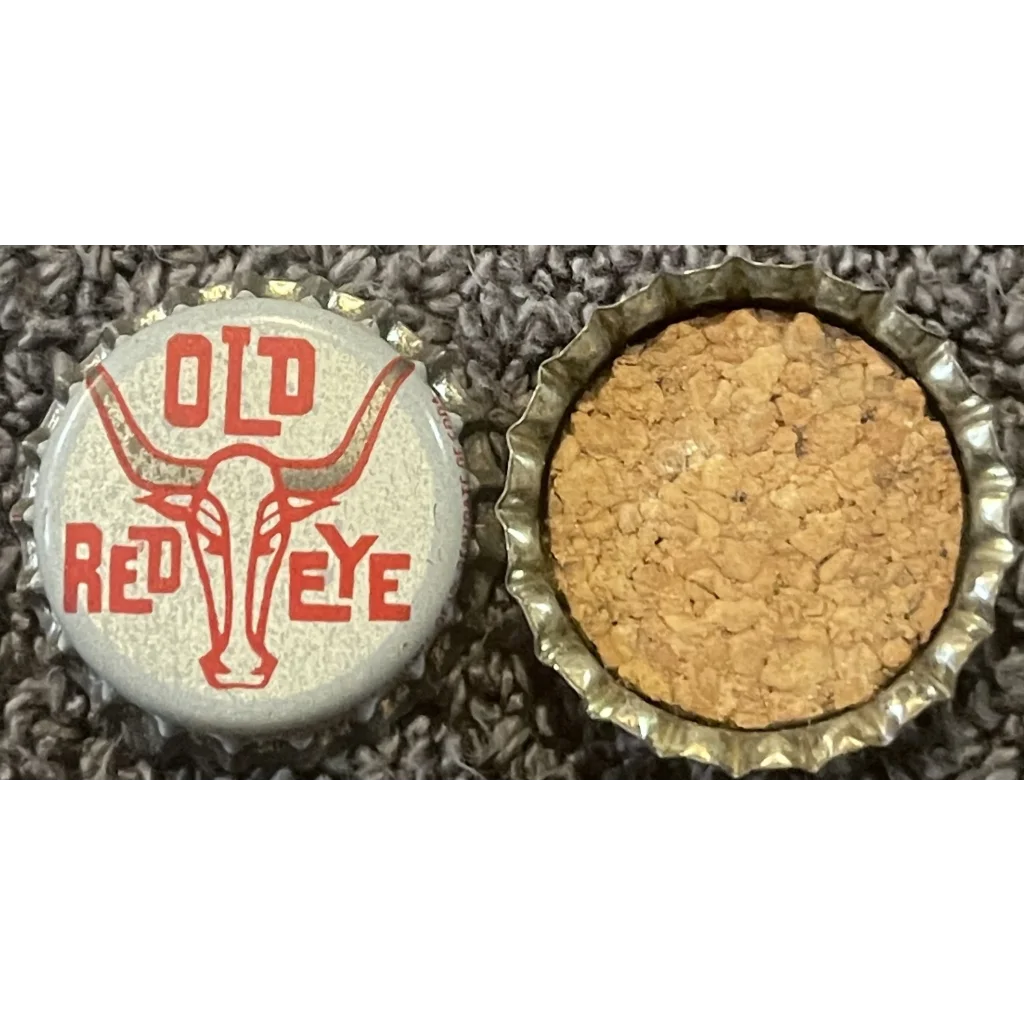 Vintage bottle cap from Rare 1960s Red Eye Root Beer showing bull logo and cork underside