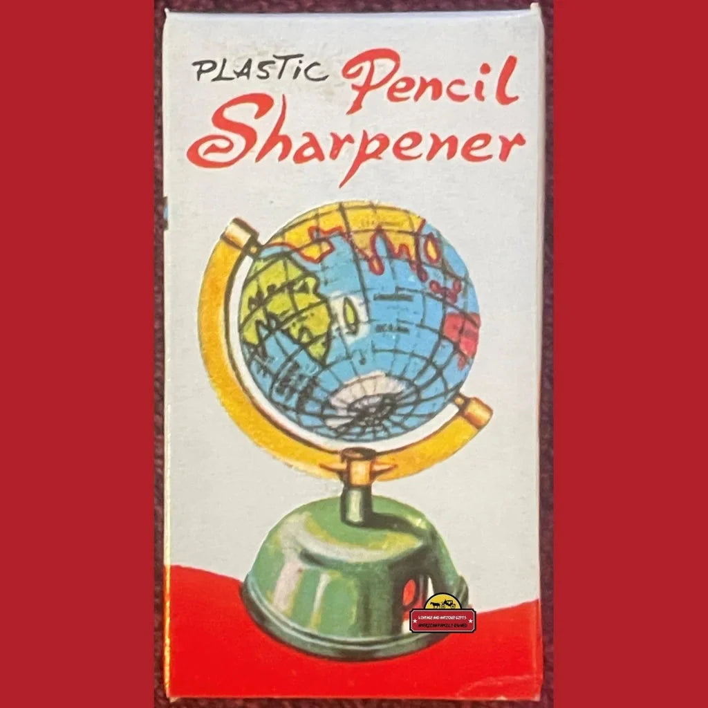 Globe pencil sharpener with colorful world map design on a green base, perfect for nostalgia