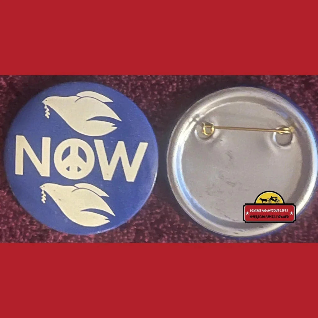 Blue button with NOW and dove symbols captures 1960s Vietnam War peace spirit