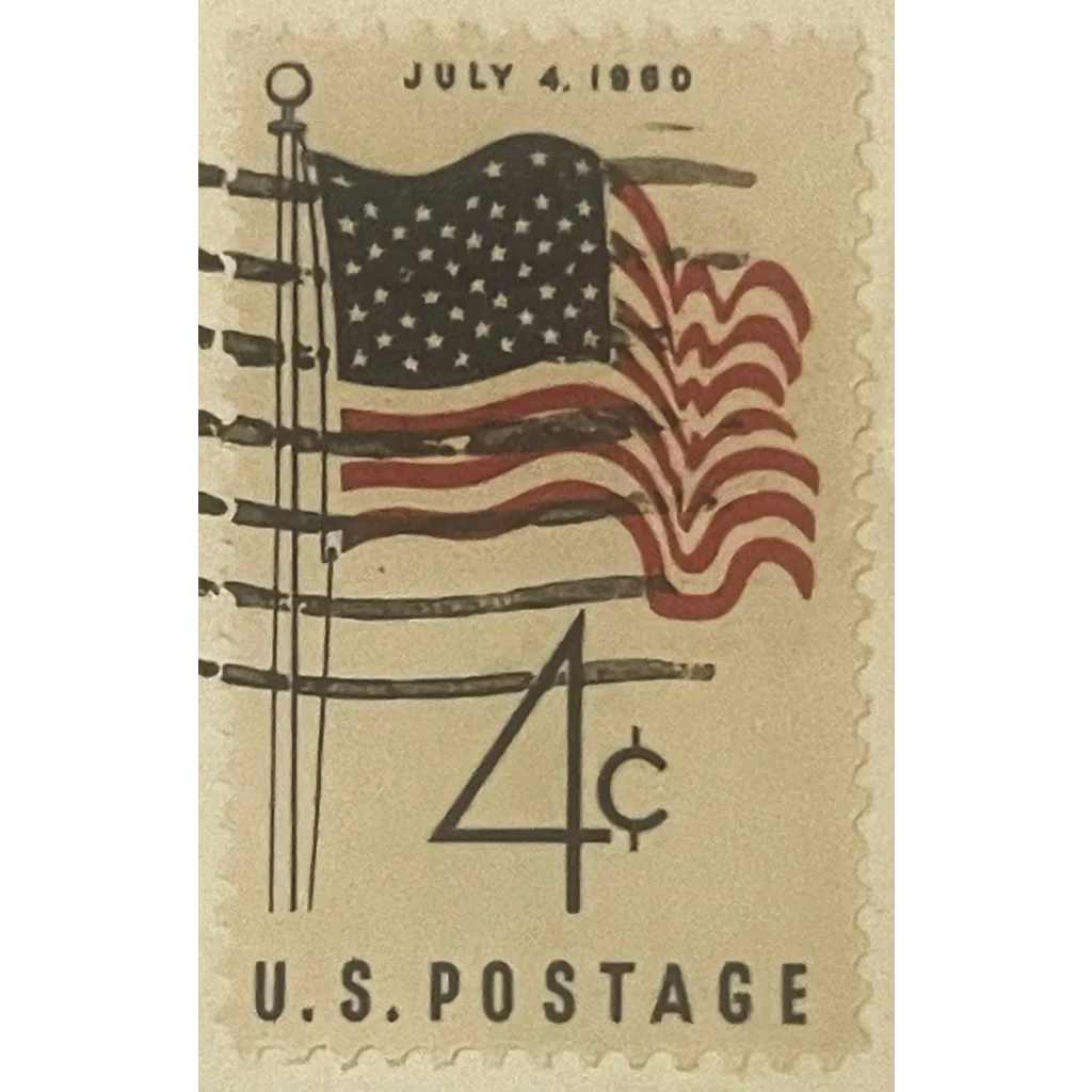 Vintage U.S. postage stamp with American flag design from July 4, 1960 on rare Jefferson Davis stamped envelope