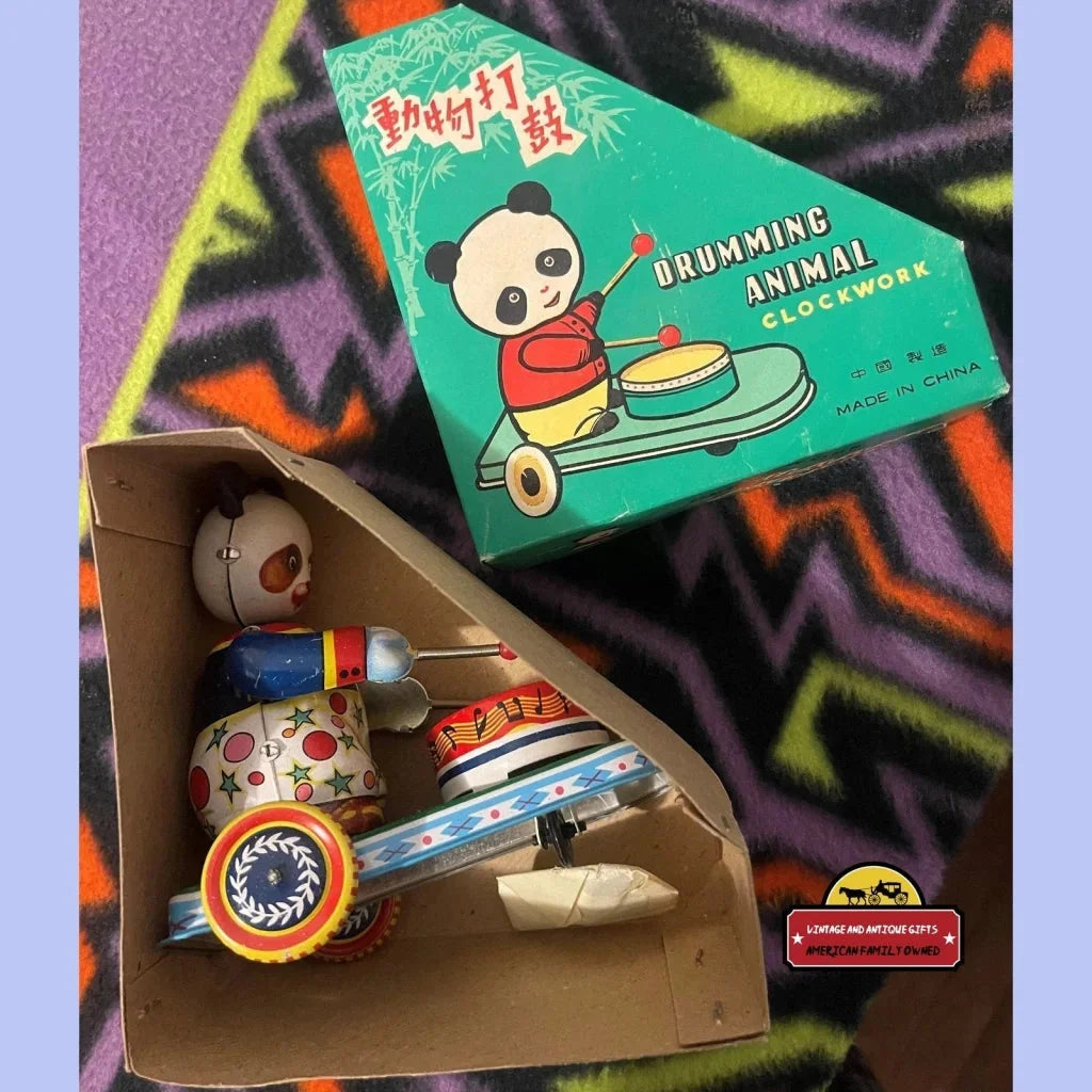 Vintage 1970s - 1980s Tin Wind Up Clockwork Drumming Panda Toy Unopened in Box! Collectibles Unique Toys Rare - 1970s