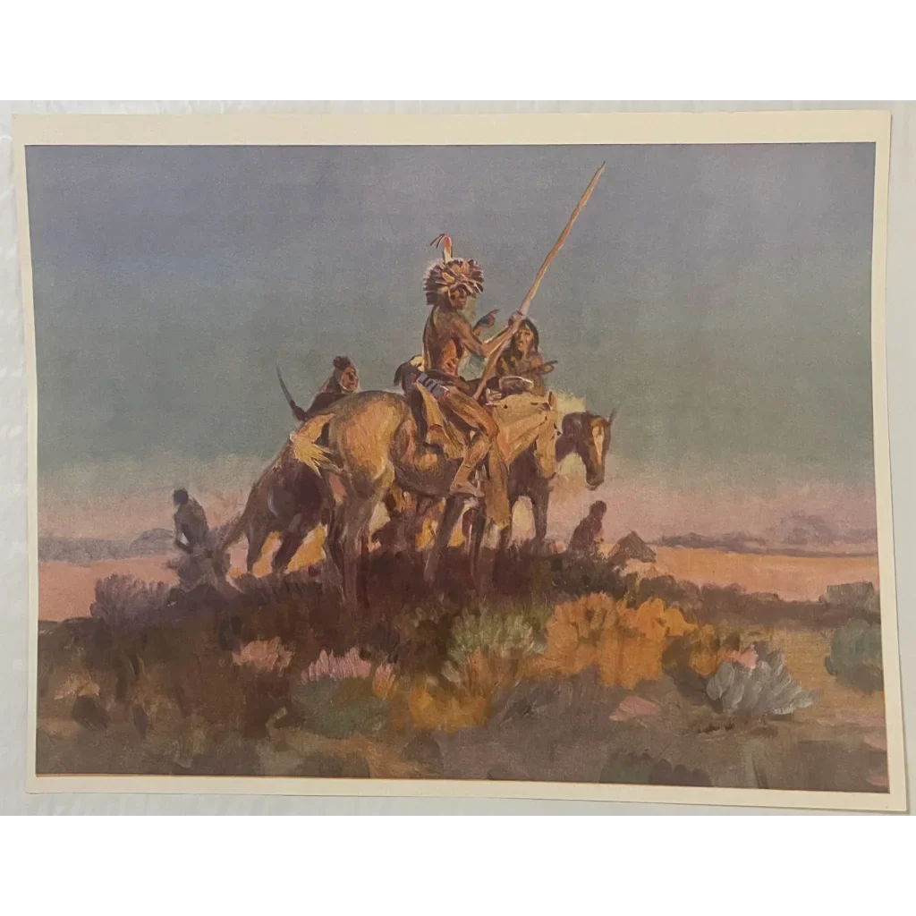 Native American art print featuring Charles Russell’s warriors on horseback in the desert