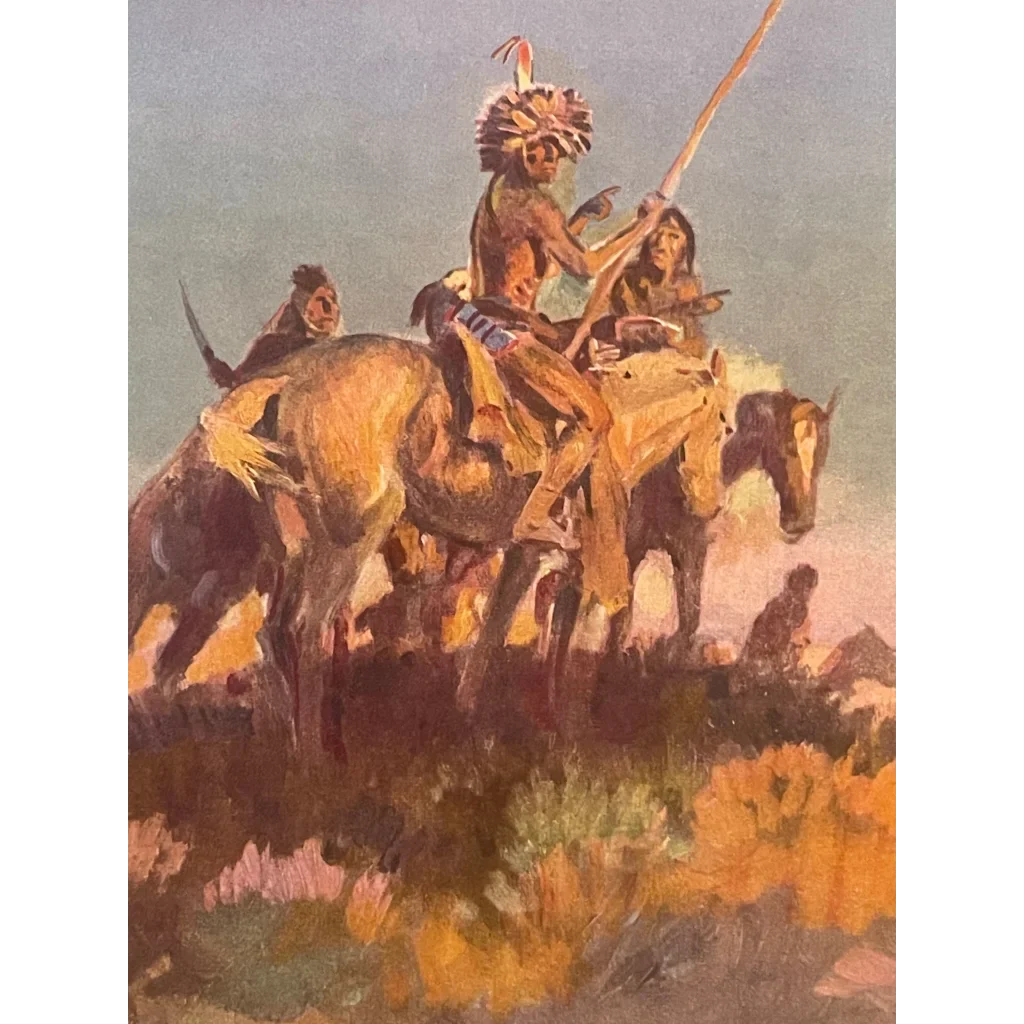 Native American warriors on horseback in Charles Russell’s art print from the 1970s