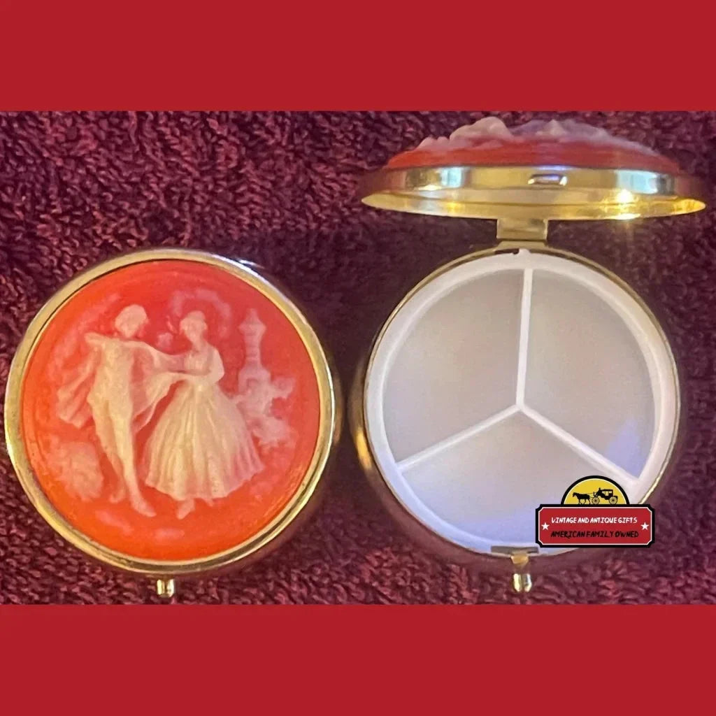 Vintage 1970s Cameo Pill Box with Decorative Dancing Lovers Lid and Compartments Inside