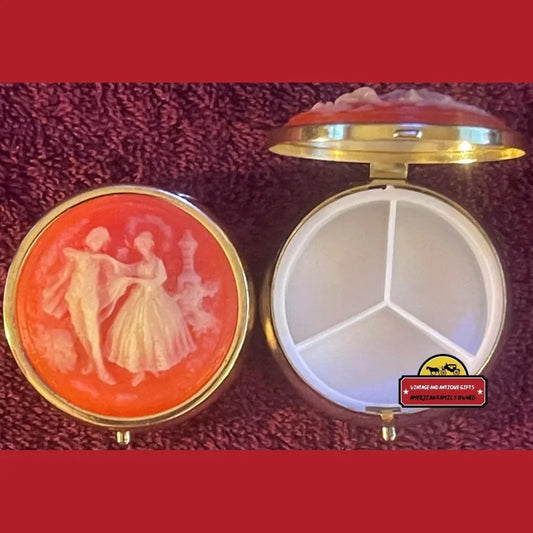 Vintage 1970s Cameo Pill Box with Decorative Dancing Lovers Lid and Compartments Inside