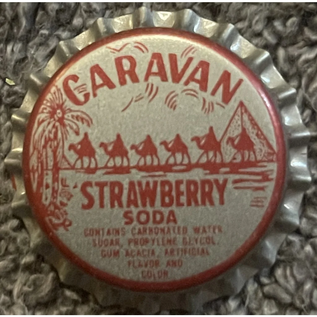 Rare 1970s Caravan Strawberry Soda bottle cap with camels and palm tree desert scene