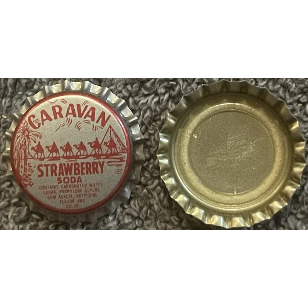 Rare 1970s Caravan Strawberry Soda bottle cap with red desert and camels design