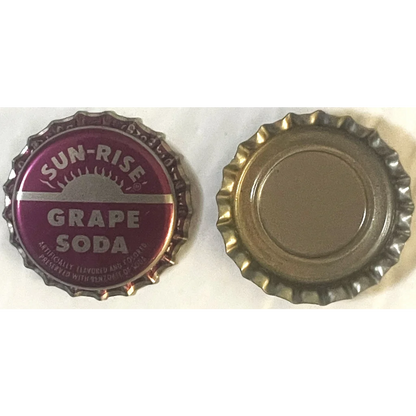 Vintage Sun-Rise Grape Soda bottle cap displayed from both sides, a rare 1970s find