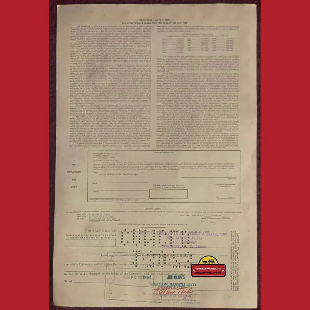 Vintage Pennzoil Stock Certificate with stamps and perforated section from the 1970s