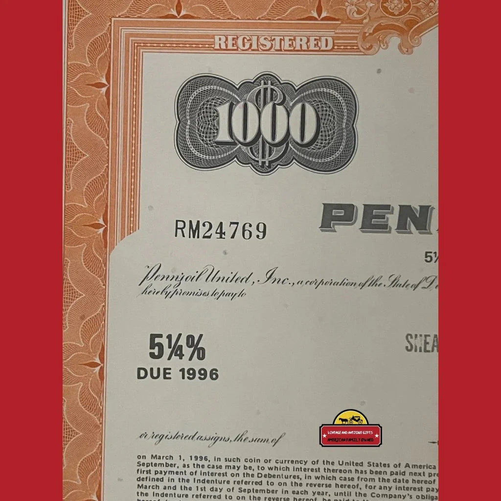 Ornate Vintage Pennzoil Stock Certificate from the 1970s showing American history