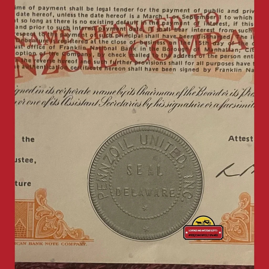 Official Delaware seal on a Rare 1970s Pennzoil Stock Certificate 1000 Shares