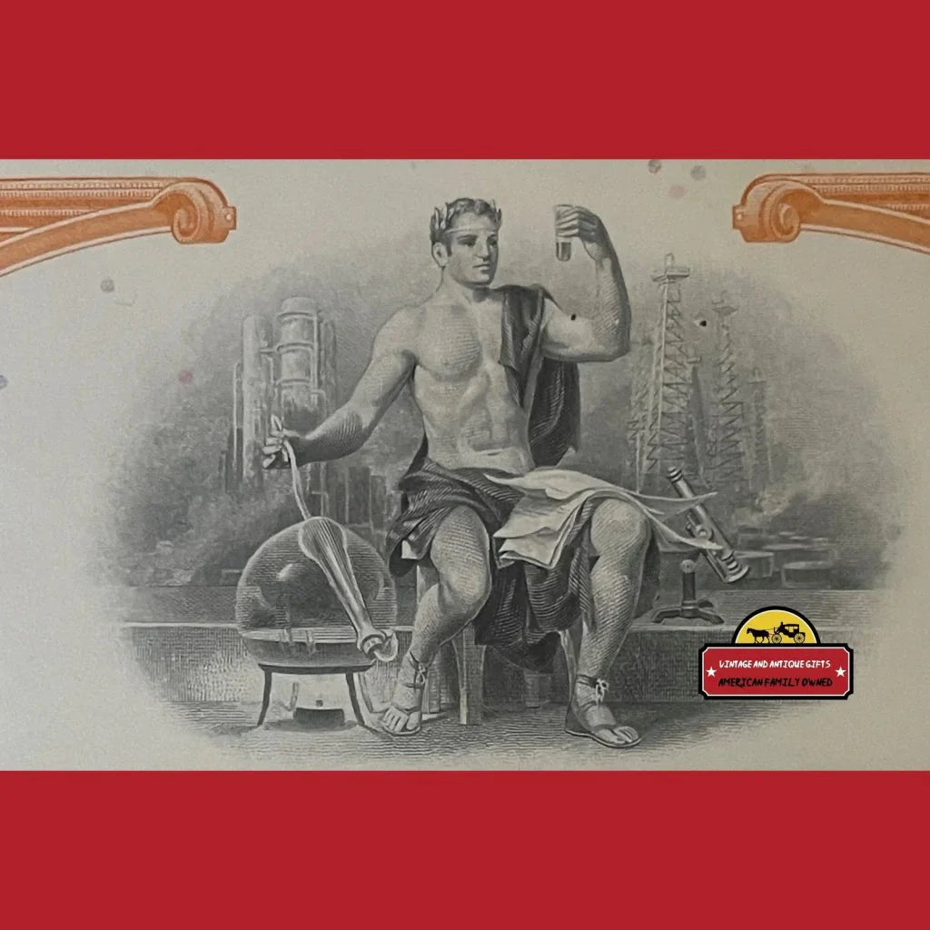 Muscular man with tools and industrial symbols near a Rare 1970s Pennzoil Stock Certificate