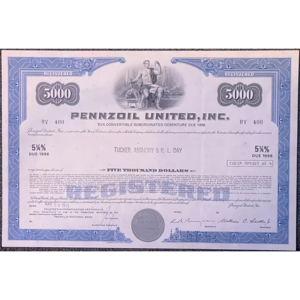 Vintage Pennzoil stock certificate for 5000 shares, a rare piece of history