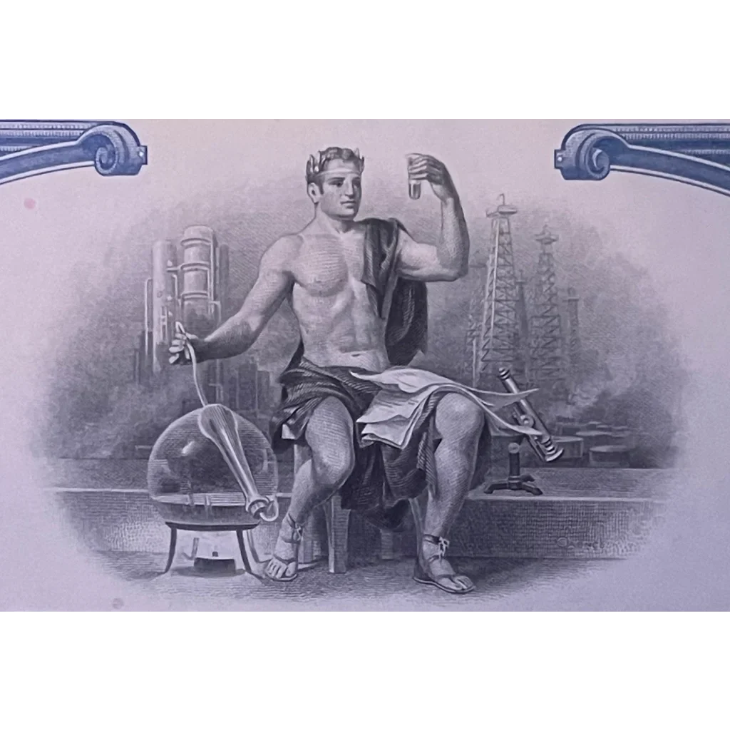 Muscular shirtless man with tools and industrial symbols near Pennzoil Stock Certificate