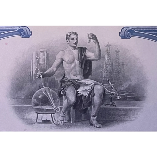 Muscular shirtless man with tools and industrial symbols near Pennzoil Stock Certificate