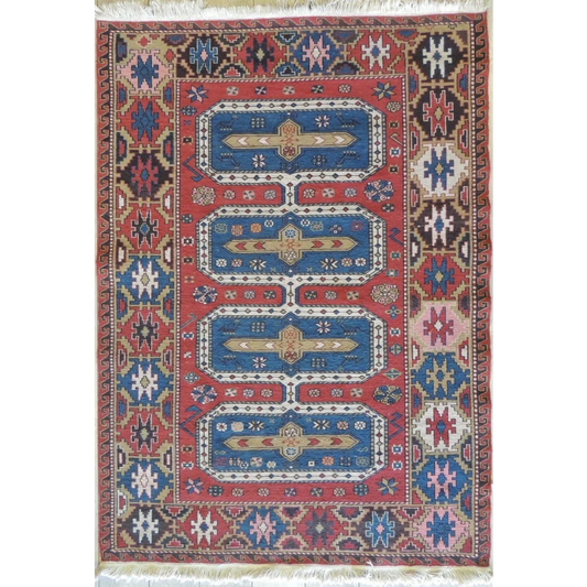 Vintage 1970s Persian Soumak rug in red, blue, beige geometric patterns