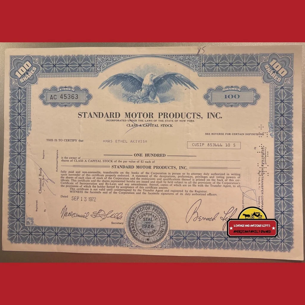 Vintage Standard Motor Products Stock Certificate Napa Carquest Long Island. Ny 1970s - Advertisements - Antique