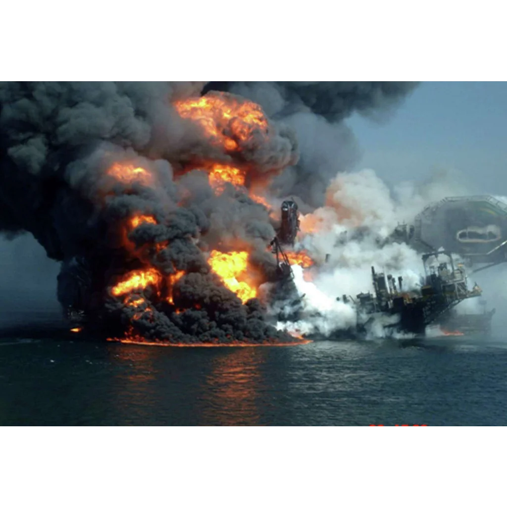 Vintage 1971 transocean gulf oil bond certificate with image of massive oil rig fire and structural damage during deepwater horizon disaster