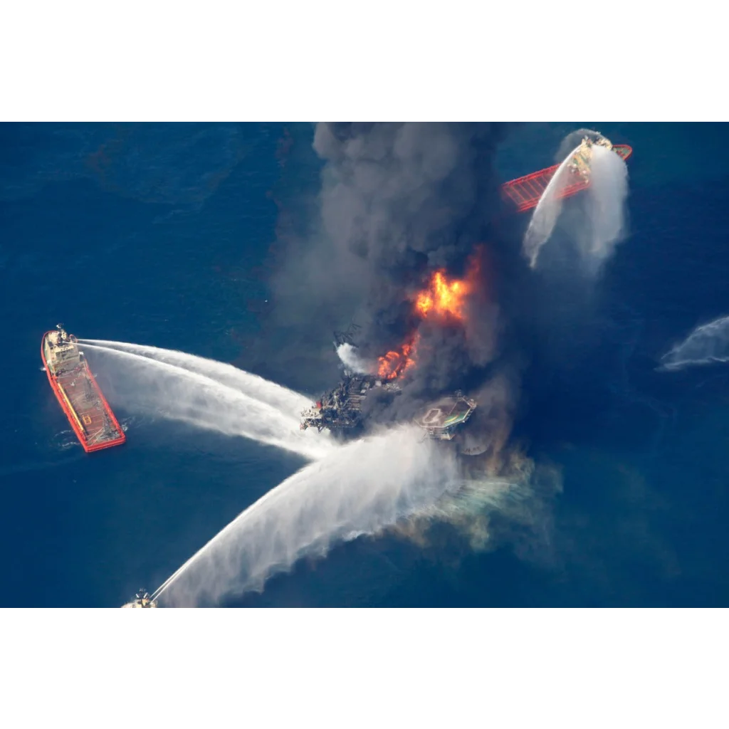 A red fireboat spraying water at an oil rig fire on a vintage 1971 transocean gulf oil bond certificate