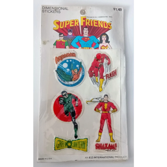 Vintage 1973 Super Friends dimensional stickers sealed pack with vibrant icons