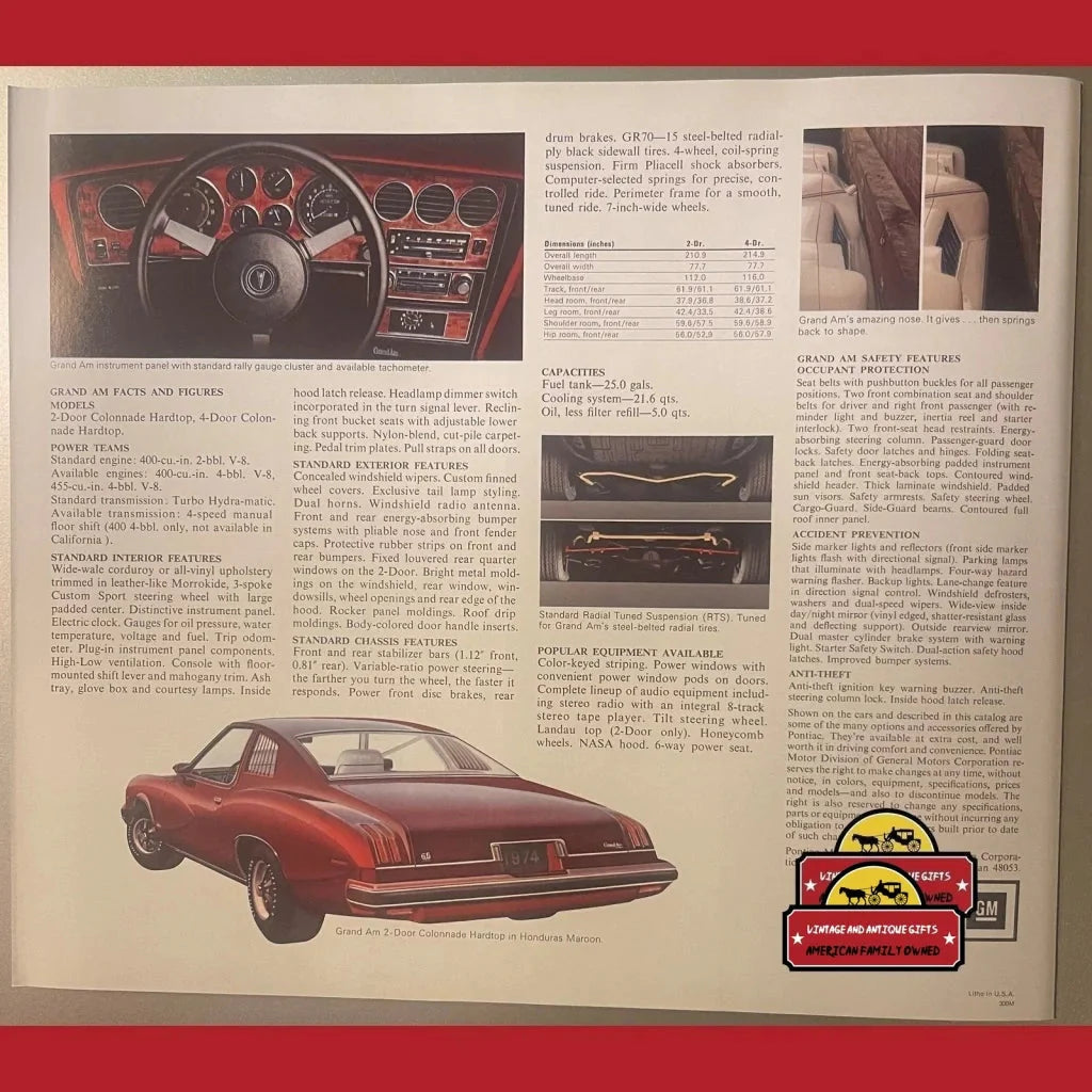 Rare Vintage 1974 Pontiac Grand Am Dealer Brochure showcasing a stunning red sports car