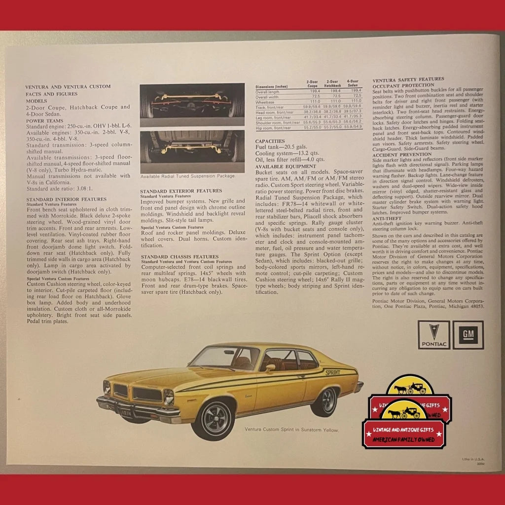 Vintage 1974 Pontiac Ventura Dealer Brochure Last Car And Year Of Gto Mi Advertisements Antique Collectible Items