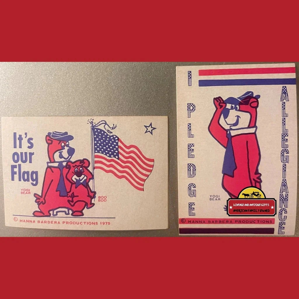 Two vintage patriotic postcards featuring Yogi Bear and American flag imagery