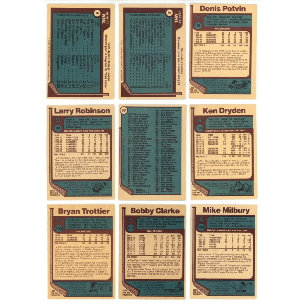 Vintage 1977 O-Pee-Chee hockey complete set with trading cards, stats, and bios