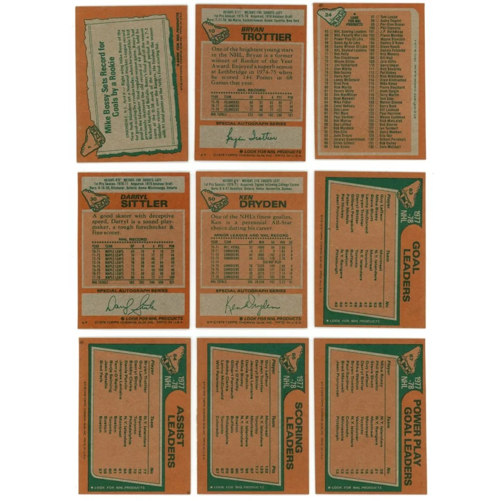 Vintage 1978 Topps hockey cards featuring Mike Bossy, Guy Lafleur, and Ken Dryden