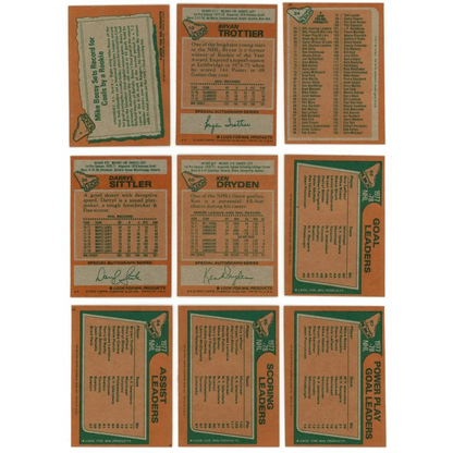 Vintage 1978 Topps hockey cards featuring Mike Bossy, Guy Lafleur, and Ken Dryden