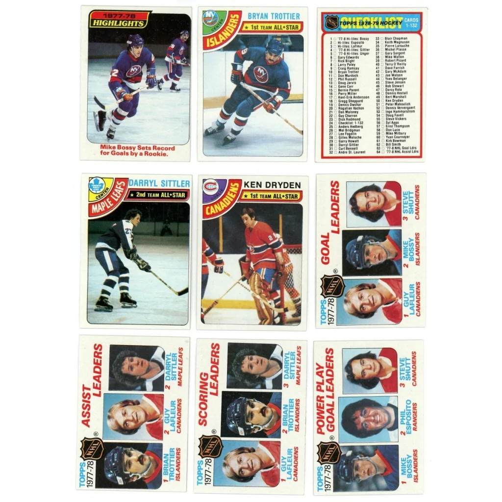 Vintage 1978 Topps hockey cards featuring Mike Bossy, Guy Lafleur, and Ken Dryden