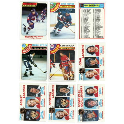 Vintage 1978 Topps hockey cards featuring Mike Bossy, Guy Lafleur, and Ken Dryden